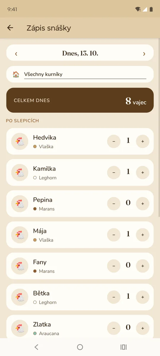 Zápis snášky po slepicích